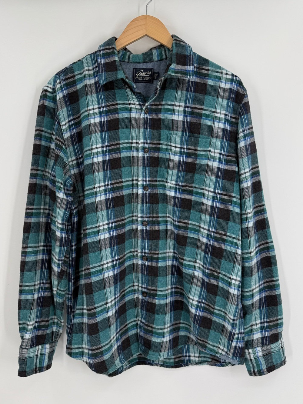 Grayers Mens Jaspe Flannel Cotton Plaid Button Down Shirt | Teal Blue Black | L